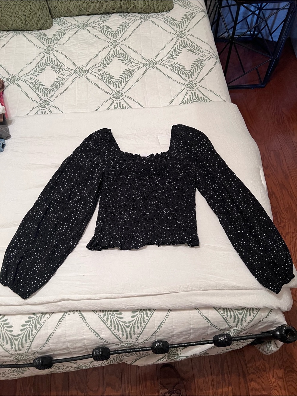 GAP Black Smocked Long-Sleeve Polka Dot Crop Top